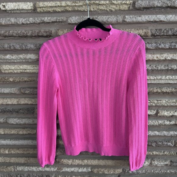 J. Crew Pointelle Ruffle Mock Neck Raspberry Pink Cotton Sweater Size Small - Picture 8 of 8